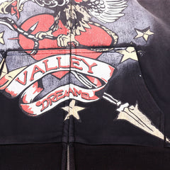 Valley Dreams Eagle‑Heart 14 Double‑Sided Print Zip‑Up Hoodie, Washed‑Black Vintage Oversized Streetwear Unisex Jacket