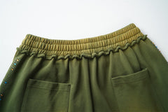 Valley Dreams Rhinestone Letter Wide‑Leg Sweatpants, Vintage Green Washed Streetwear Unisex Trousers