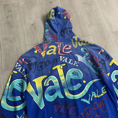 Blue Valley Dreams Graffiti‑Print Zip‑Up Hoodie Unisex Oversized Jacket