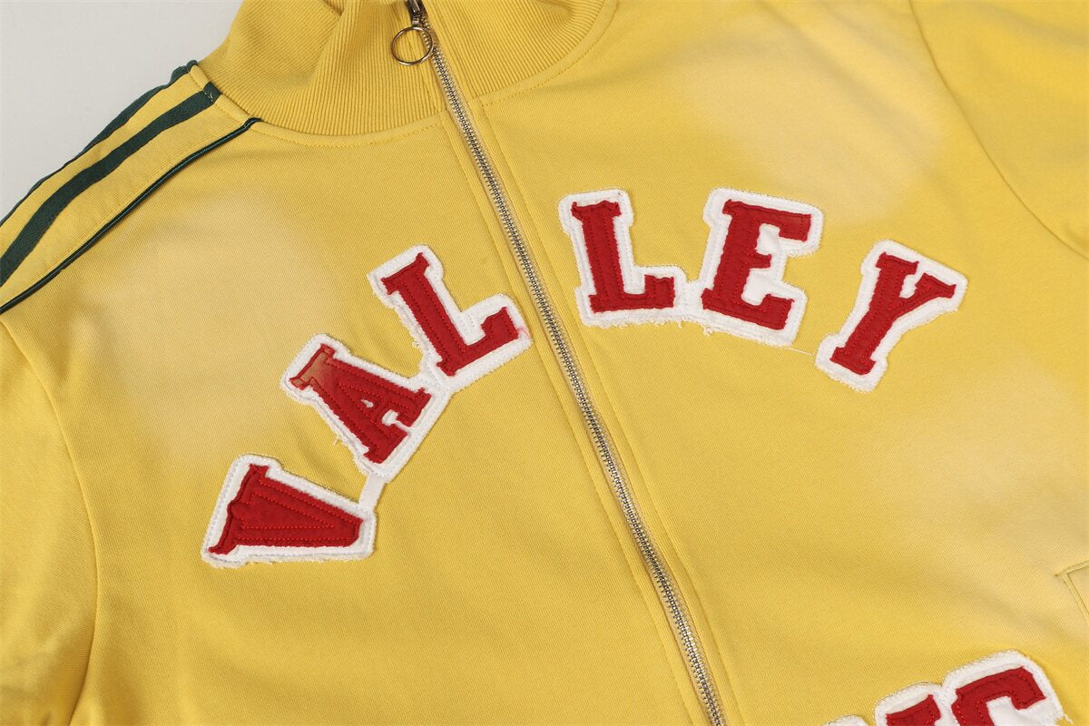 Valley Dreams Chenille Letter Zip‑Up Track Jacket, Yellow Green Stripe Oversized Streetwear Unisex Coat