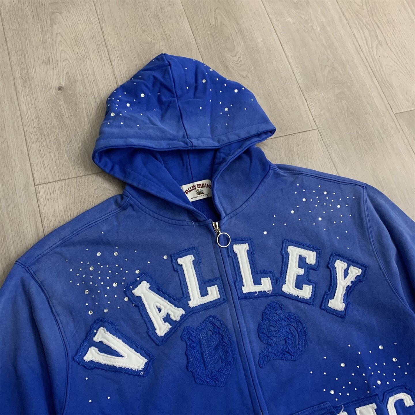 Blue Speckled‑Wash Valley Dreams Zip‑Up Hoodie Unisex Oversized Jacket