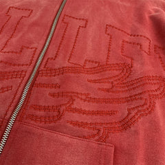 Red Vintage Embossed‑Print Zip‑Up Hoodie Unisex Oversized Jacket