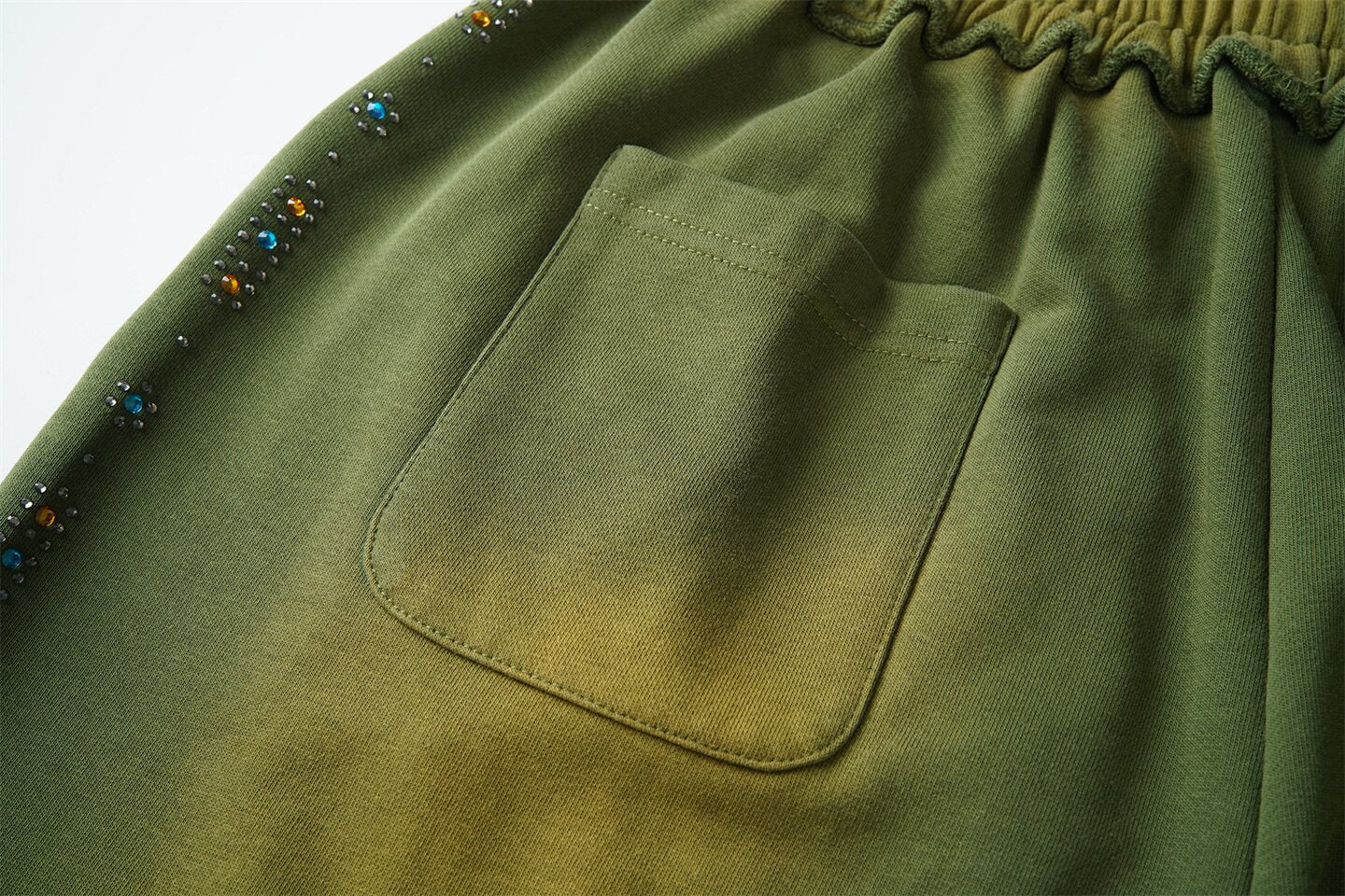 Valley Dreams Rhinestone Letter Wide‑Leg Sweatpants, Vintage Green Washed Streetwear Unisex Trousers