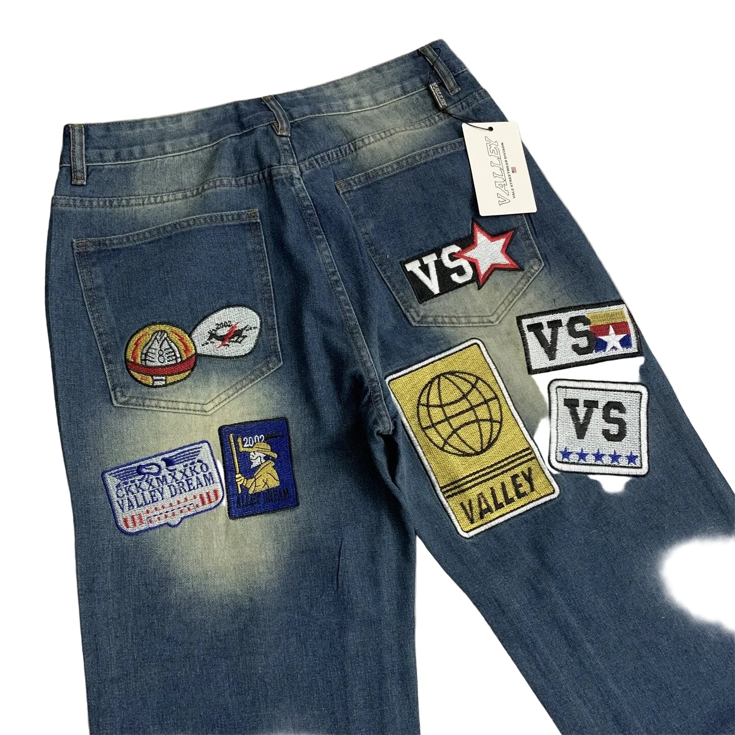 Valley Multi‑Patch Rhinestone Letter Baggy Jeans, Vintage Washed‑Blue Unisex Wide‑Leg Denim Pants