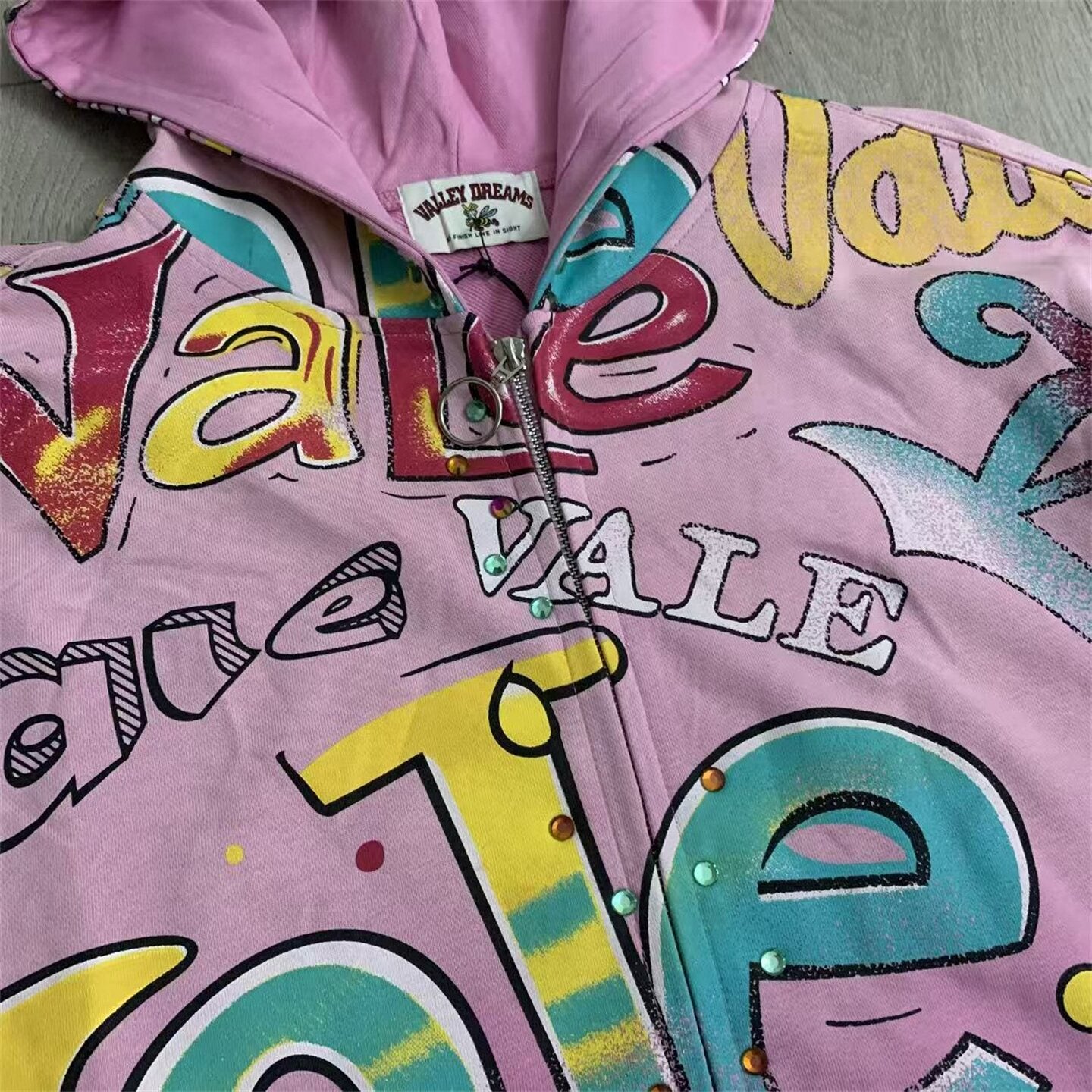 Pink Valley Dreams Graffiti‑Print Zip‑Up Hoodie Unisex Oversized Jacket