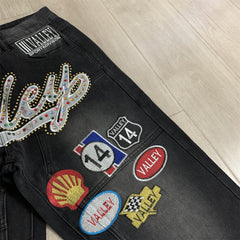 Valley Multi‑Patch Rhinestone Letter Baggy Jeans, Vintage Washed‑Black Unisex Wide‑Leg Denim Pants