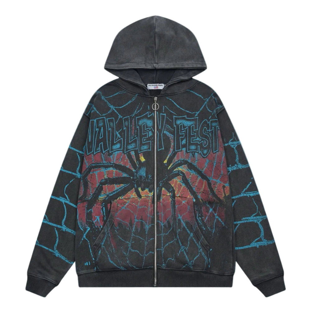 Valley Fest Spider Web Graphic Zip‑Up Hoodie, Unisex Black Vintage Streetwear Jacket