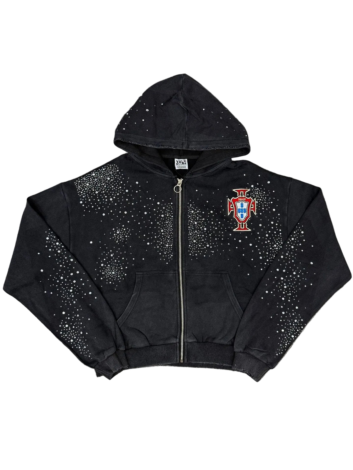Cross‑Emblem Rhinestone Zip‑Up Cropped Hoodie, Unisex Black Y2K Streetwear Jacket