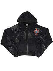 Cross‑Emblem Rhinestone Zip‑Up Cropped Hoodie, Unisex Black Y2K Streetwear Jacket