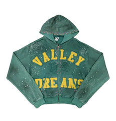 Valley Dreams Rhinestone Zip‑Up Cropped Hoodie, Unisex Green Washed Streetwear Jacket