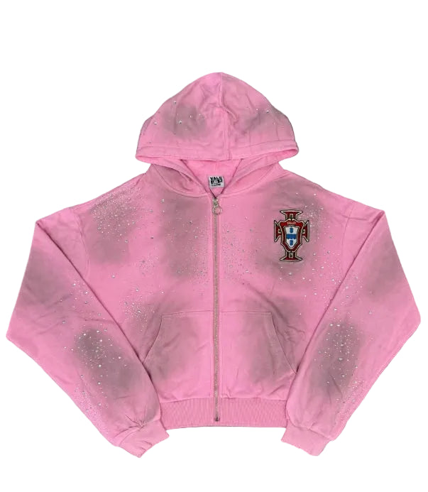 Cross‑Emblem Rhinestone Cropped Zip‑Up Hoodie, Unisex Pink Y2K Streetwear Jacket