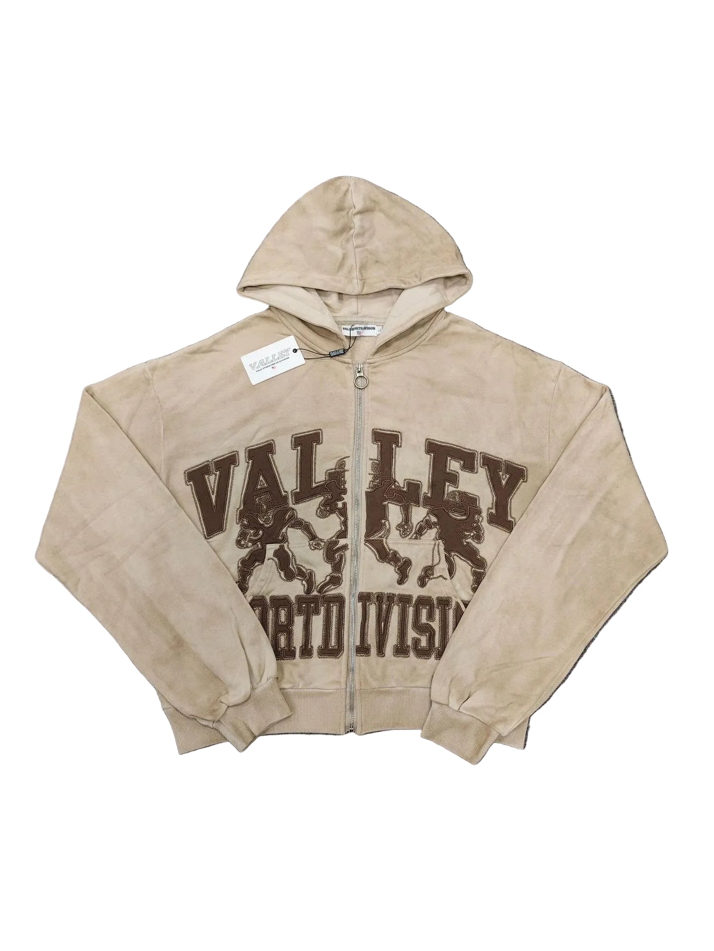 Valley Sports Division Graphic Zip‑Up Hoodie, Unisex Khaki Washed Streetwear Jacket