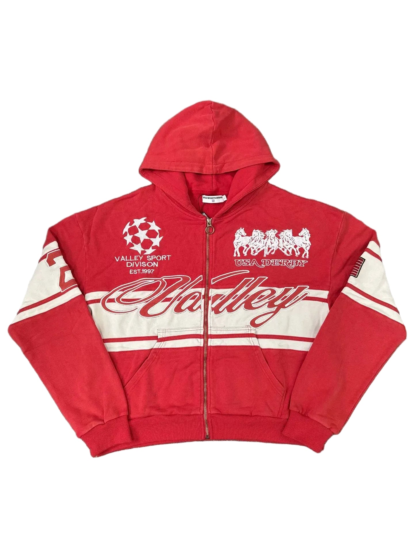Valley Vintage Racing‑Style Zip‑Up Hoodie, Unisex Red Washed Streetwear Jacket