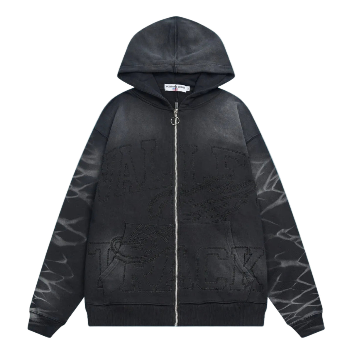 Valley Track Embossed Lightning‑Sleeve Zip‑Up Hoodie, Unisex Black Vintage Streetwear Jacket