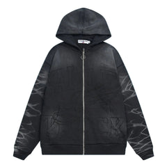 Valley Track Embossed Lightning‑Sleeve Zip‑Up Hoodie, Unisex Black Vintage Streetwear Jacket