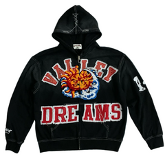 Valley Dreams Sun‑Moon Graphic Zip‑Up Hoodie, Unisex Black Vintage Streetwear Jacket