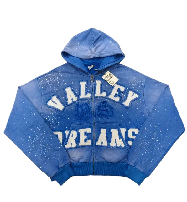 Valley Dreams Rhinestone Zip‑Up Cropped Hoodie, Unisex Blue Washed Streetwear Jacket