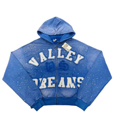 Valley Dreams Rhinestone Zip‑Up Cropped Hoodie, Unisex Blue Washed Streetwear Jacket