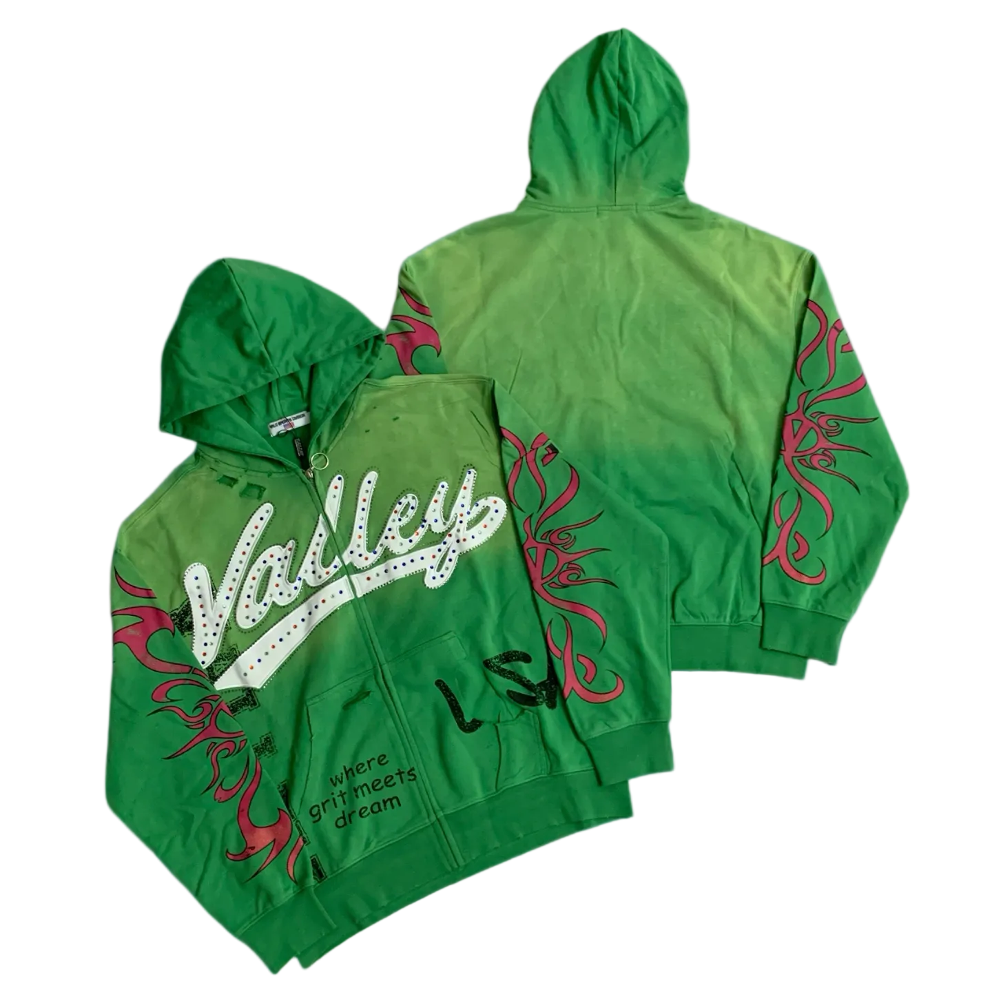 Valley Rhinestone‑Script Tribal‑Sleeve Zip‑Up Hoodie, Unisex Green Vintage Streetwear Jacket