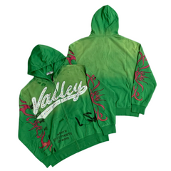 Valley Rhinestone‑Script Tribal‑Sleeve Zip‑Up Hoodie, Unisex Green Vintage Streetwear Jacket