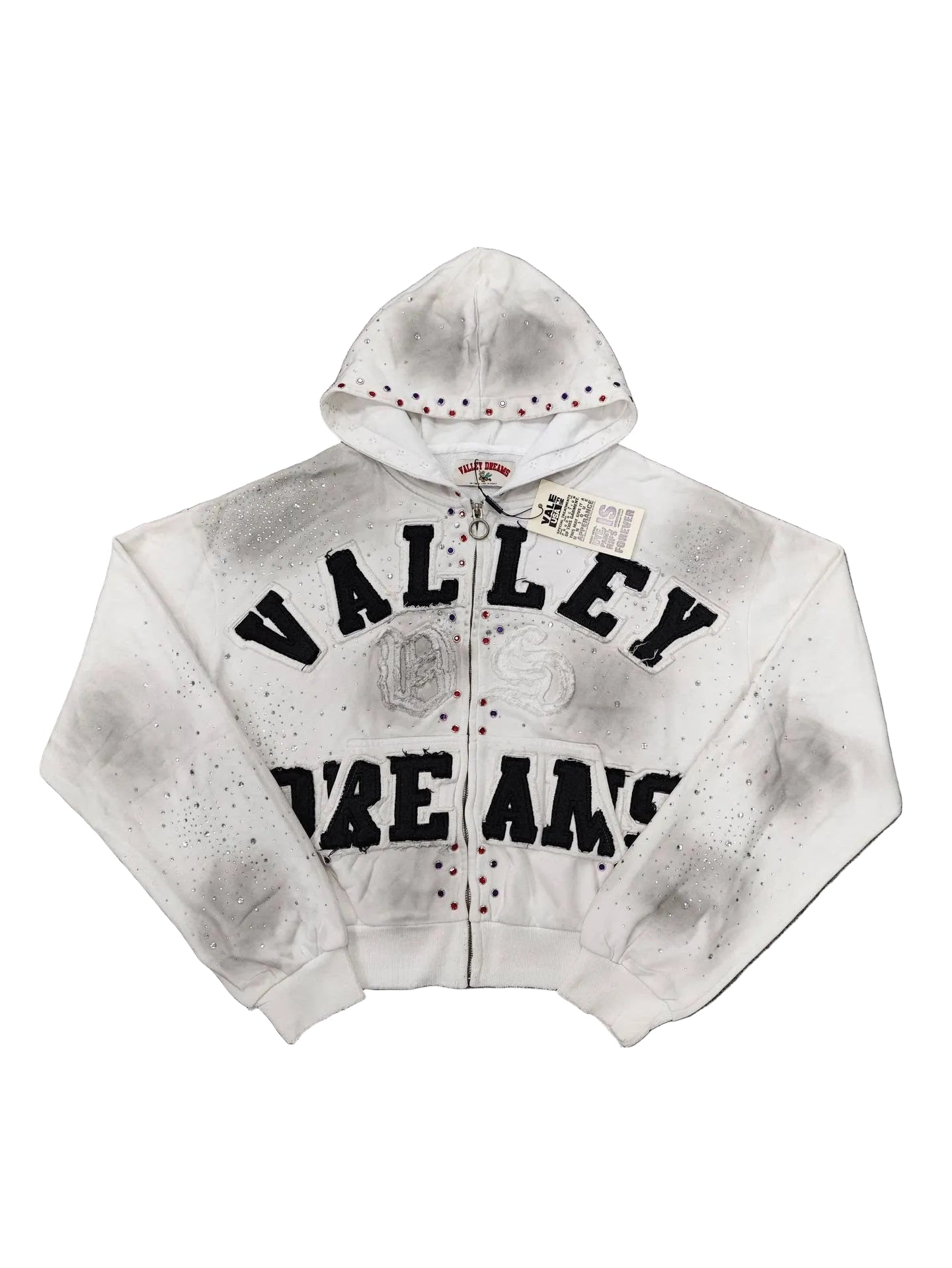 Valley Dreams Rhinestone Zip‑Up Hoodie, Unisex White Washed‑out Streetwear Jacket