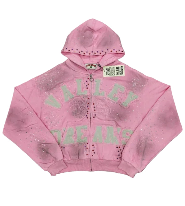 Valley Dreams Rhinestone Zip‑Up Cropped Hoodie, Unisex Pink Washed Streetwear Jacket