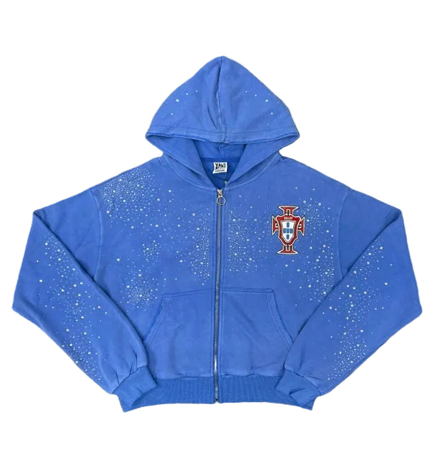 Cross‑Emblem Rhinestone Cropped Zip‑Up Hoodie, Unisex Blue Y2K Streetwear Jacket