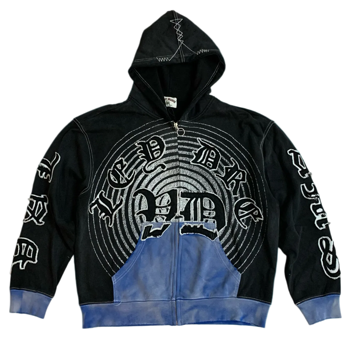 Valley Dreams Gothic‑Text Spiral Zip‑Up Hoodie, Unisex Black‑Blue Vintage Streetwear Jacket