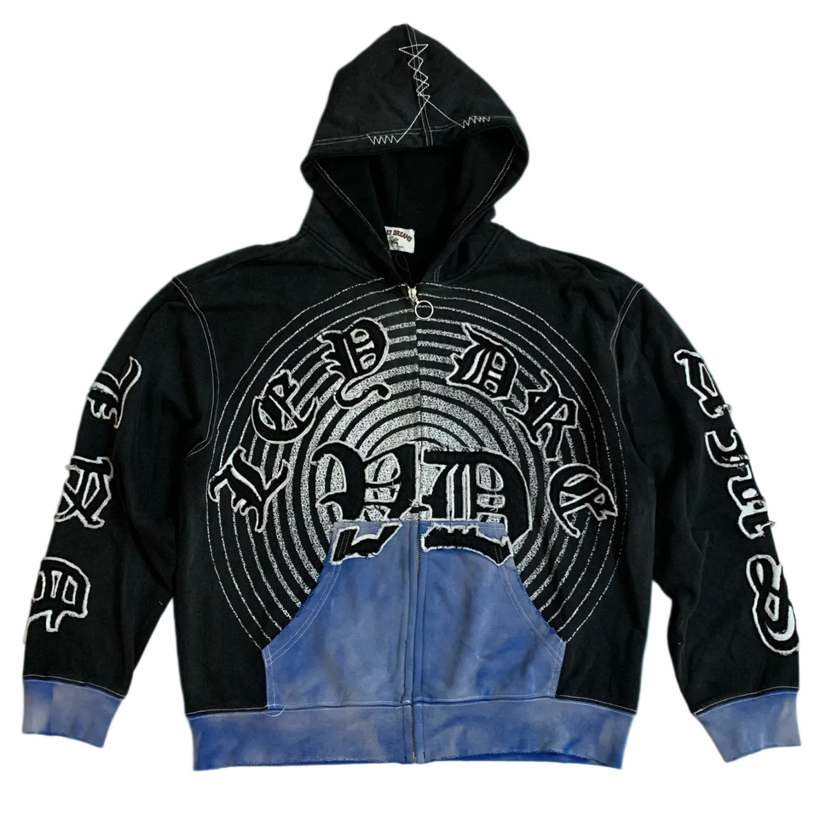 Valley Dreams Gothic‑Text Spiral Zip‑Up Hoodie, Unisex Black‑Blue Vintage Streetwear Jacket