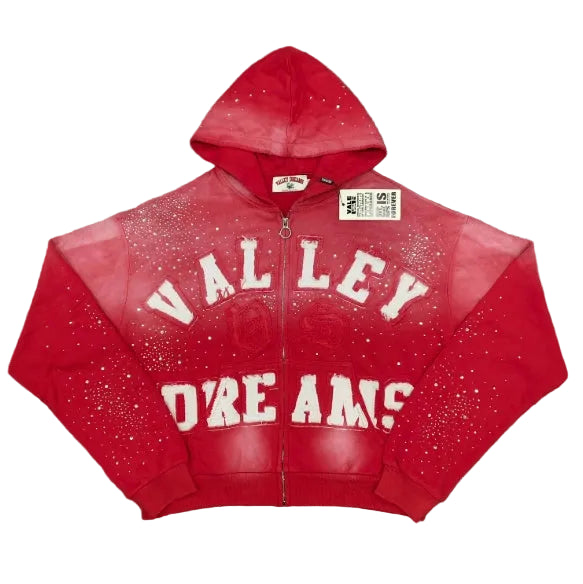 Valley Dreams Rhinestone Zip‑Up Cropped Hoodie, Unisex Red Washed Streetwear Jacket