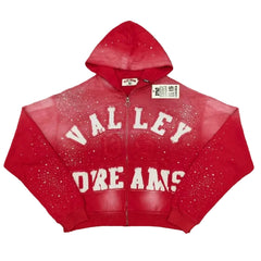Valley Dreams Rhinestone Zip‑Up Cropped Hoodie, Unisex Red Washed Streetwear Jacket