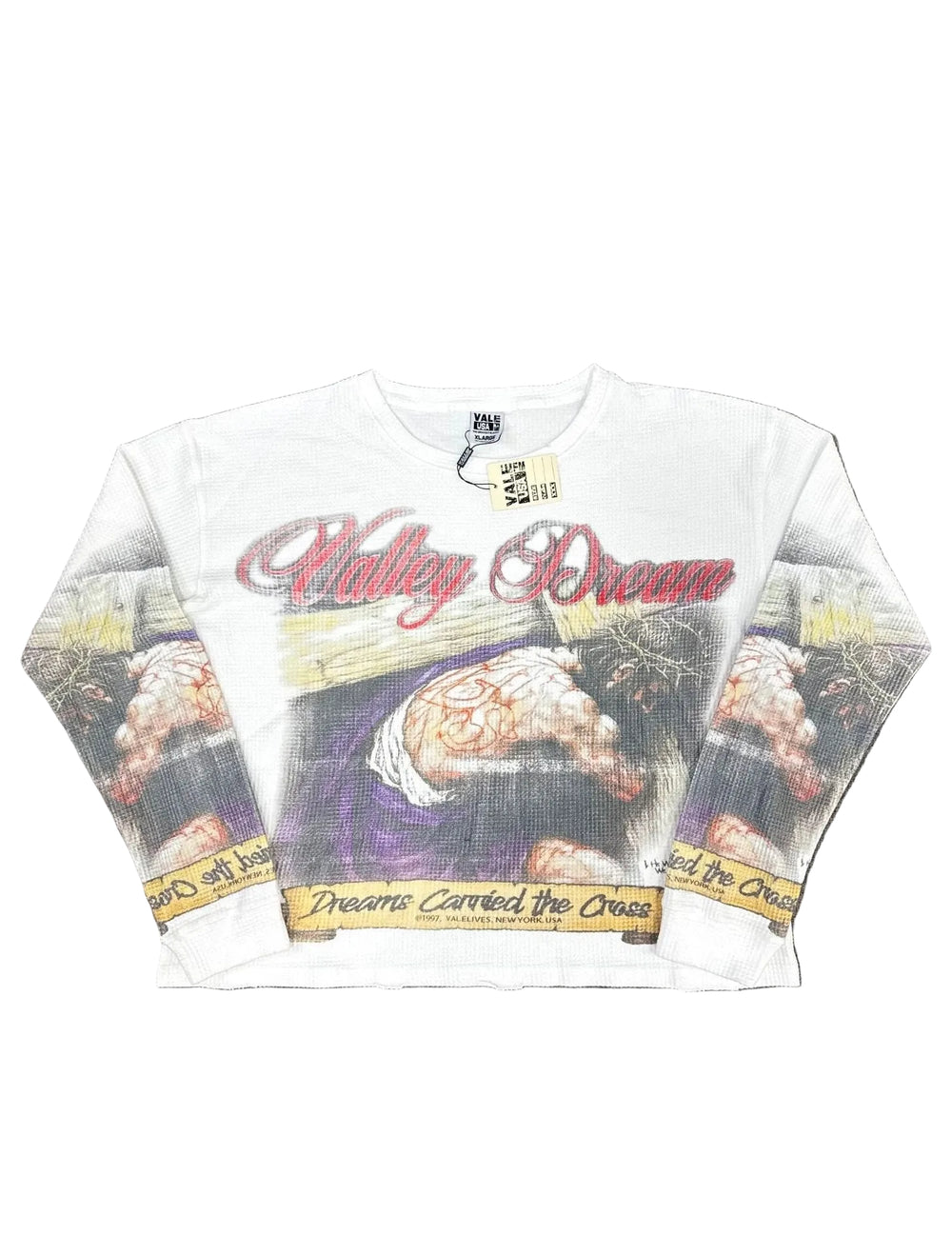 Valley Dream Vintage Graphic Waffle‑Knit Long‑Sleeve Top, Unisex White Y2K Streetwear Shirt