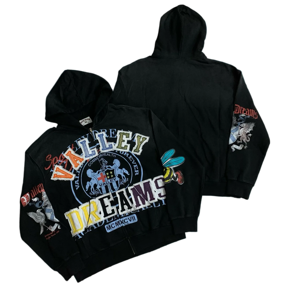 Valley Dreams Crest Bee Graphic Zip‑Up Hoodie, Unisex Black Vintage Streetwear Jacket