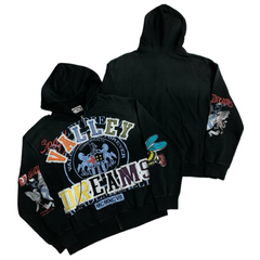 Valley Dreams Crest Bee Graphic Zip‑Up Hoodie, Unisex Black Vintage Streetwear Jacket