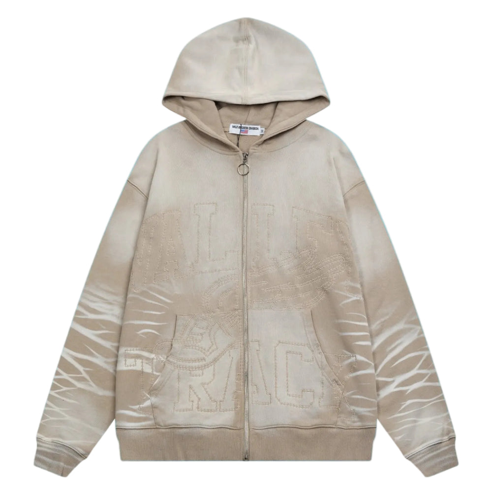 Valley Track Embossed Lightning‑Sleeve Zip‑Up Hoodie, Unisex Beige Vintage Streetwear Jacket