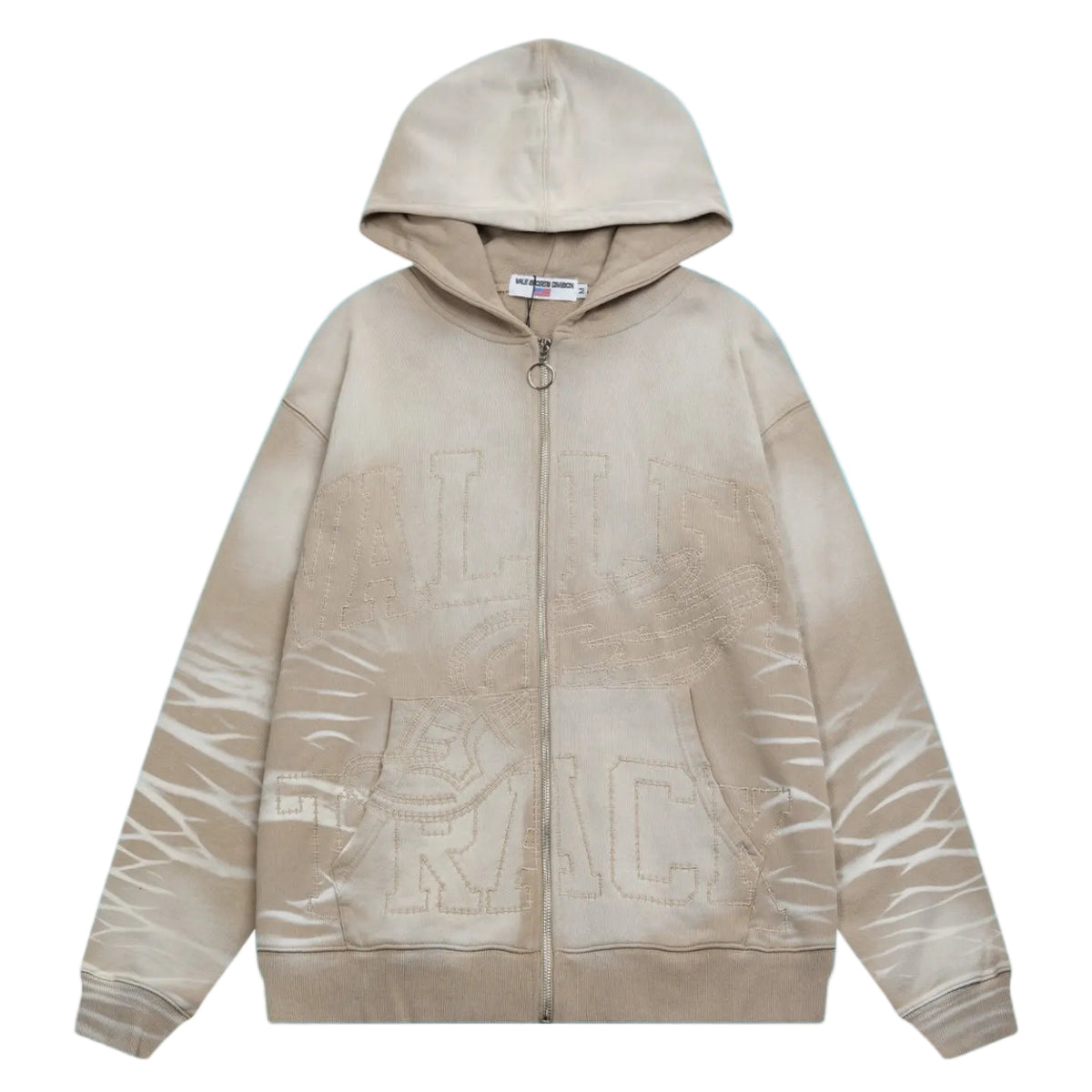 Valley Track Embossed Lightning‑Sleeve Zip‑Up Hoodie, Unisex Beige Vintage Streetwear Jacket