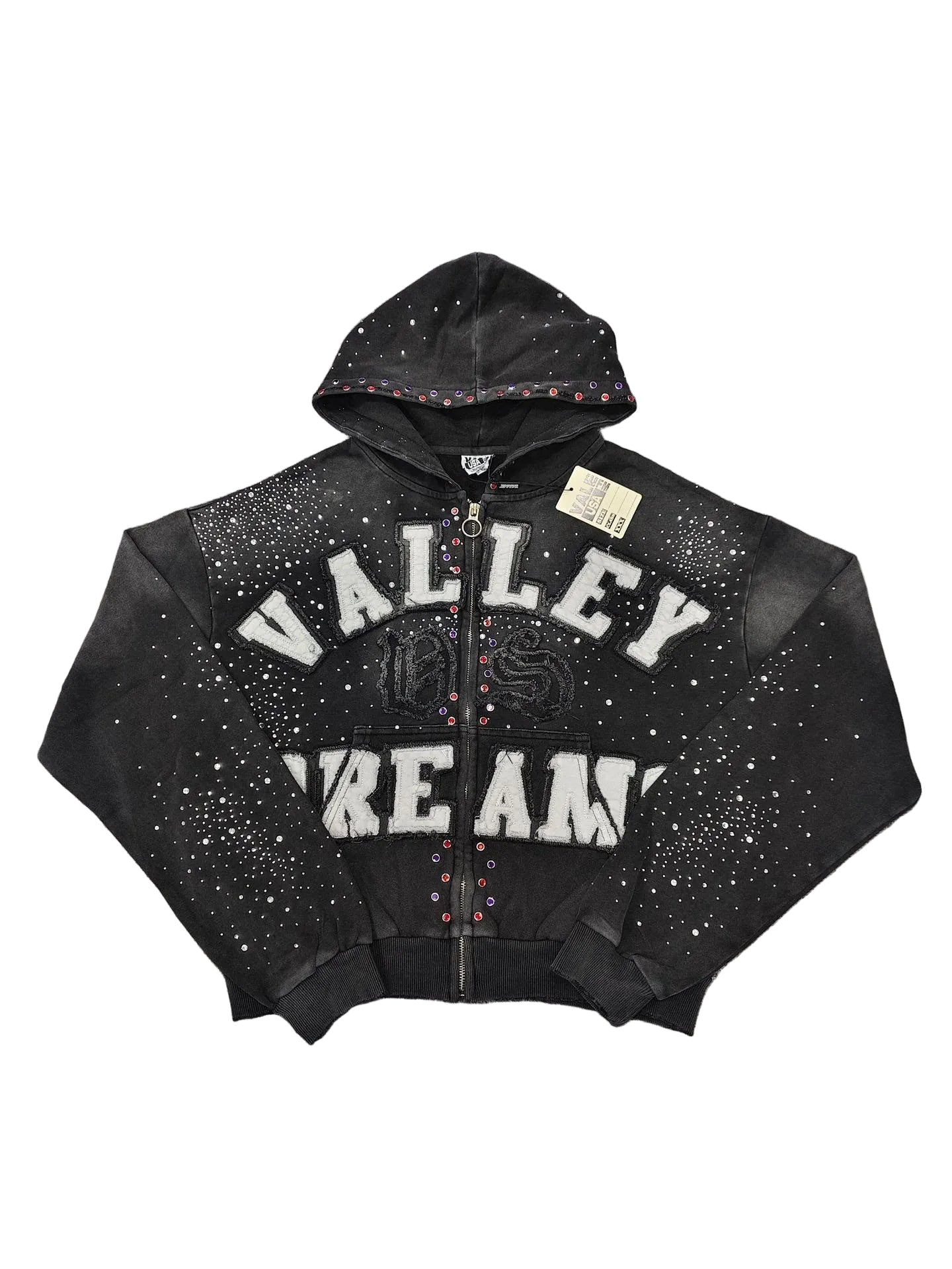 Valley Dreams Rhinestone Zip‑Up Hoodie, Unisex Black Washed Streetwear Jacket