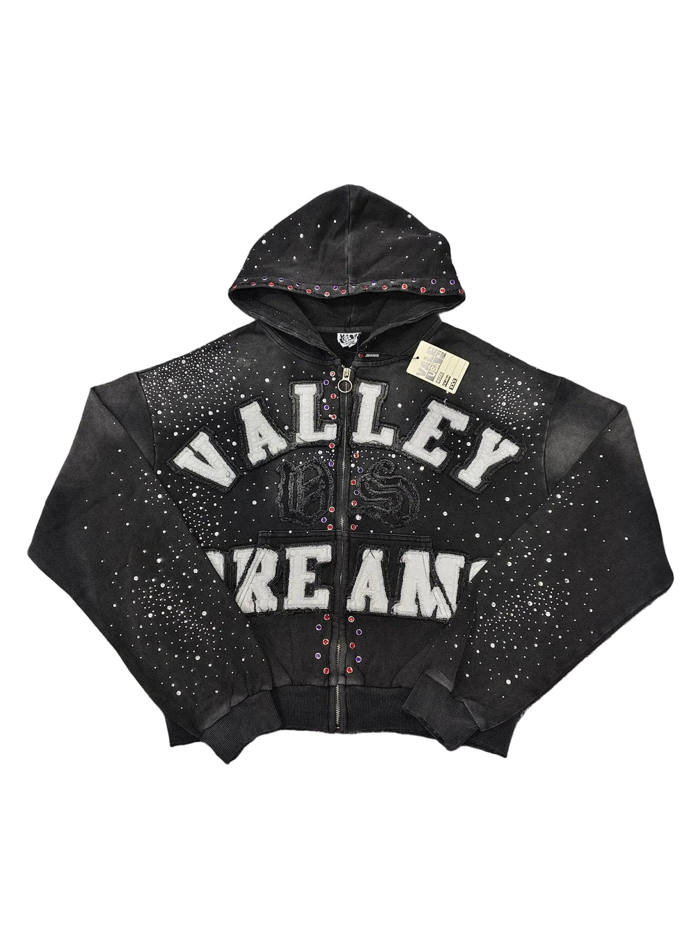 Valley Dreams Rhinestone Zip‑Up Hoodie, Unisex Black Washed Streetwear Jacket