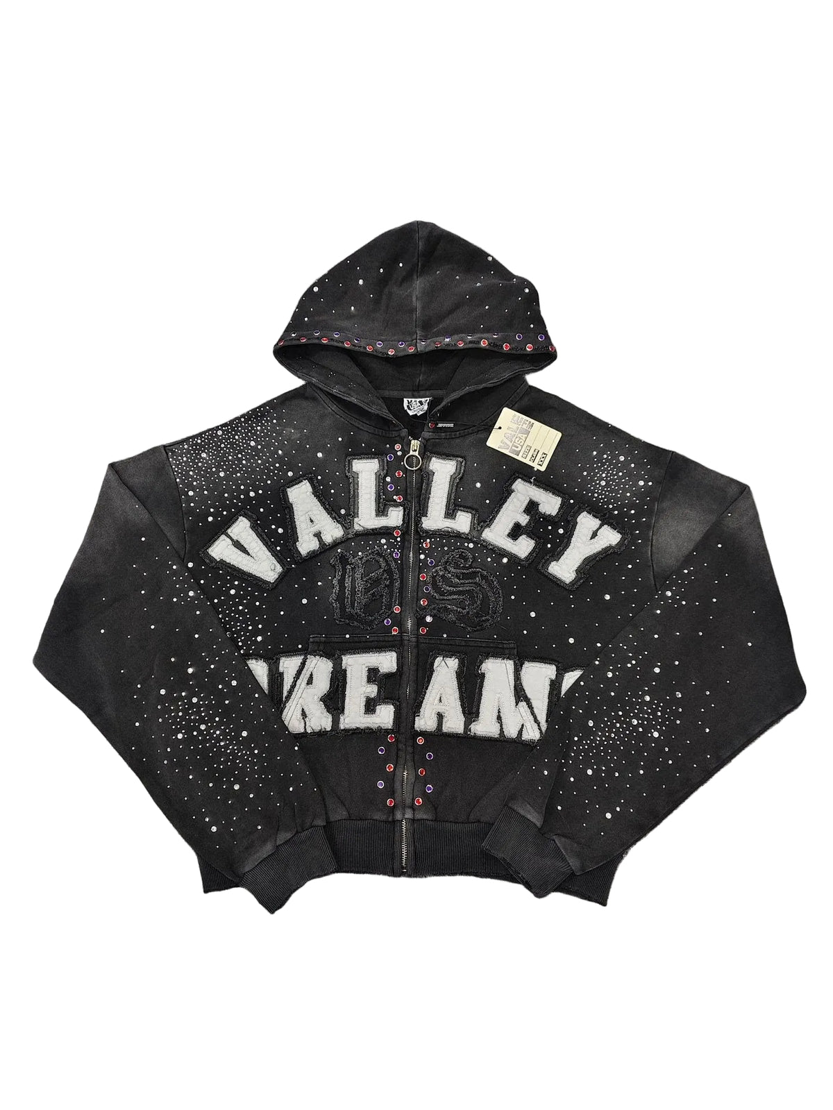 Valley Dreams Rhinestone Zip‑Up Hoodie, Unisex Black Washed Streetwear Jacket