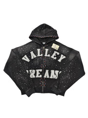 Valley Dreams Rhinestone Zip‑Up Hoodie, Unisex Black Washed Streetwear Jacket