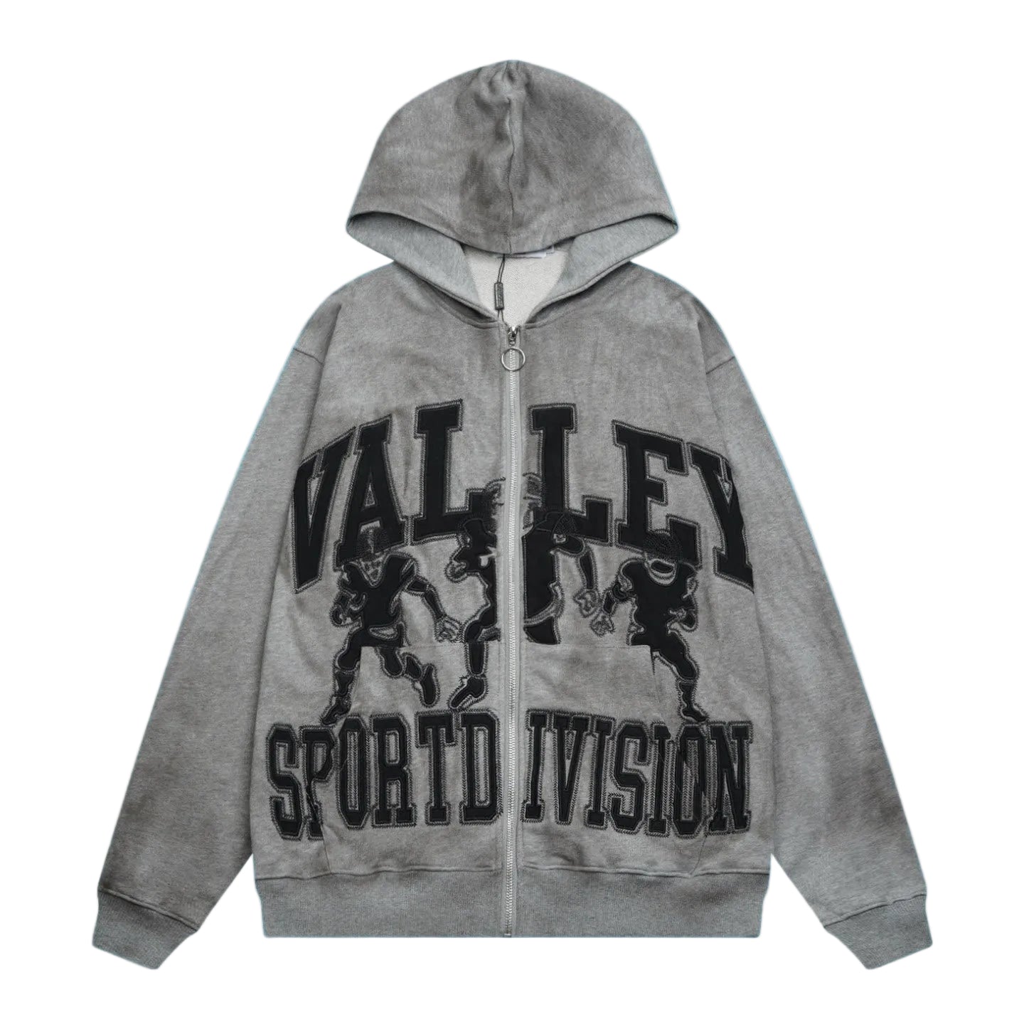 Valley Sport Division Graphic Zip‑Up Hoodie, Unisex Grey Vintage Streetwear Jacket