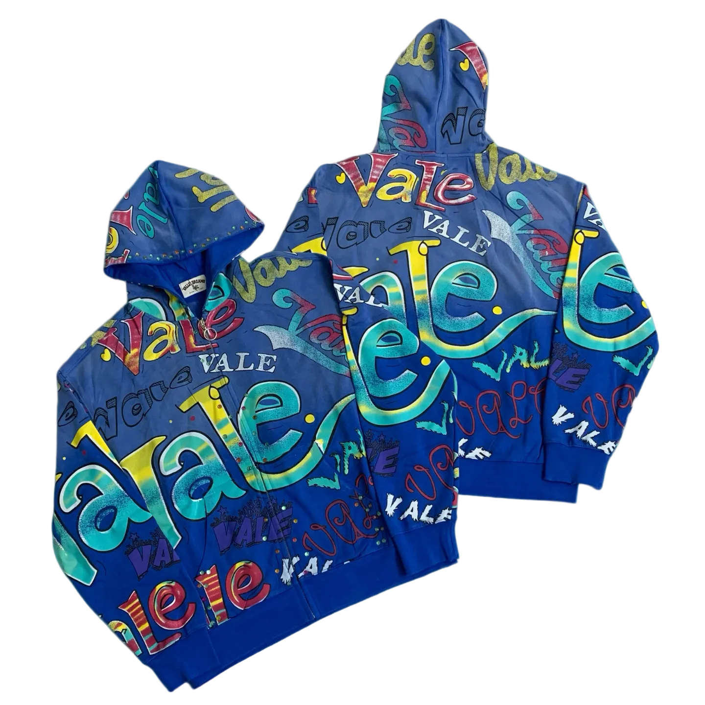Valley All‑Over Graffiti Print Zip‑Up Hoodie, Unisex Blue Vintage Streetwear Jacket