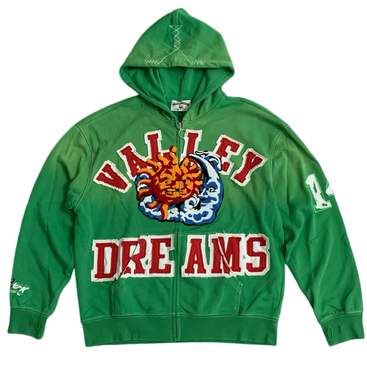 Valley Dreams Sun‑Moon Graphic Zip‑Up Hoodie, Unisex Green Vintage Streetwear Jacket