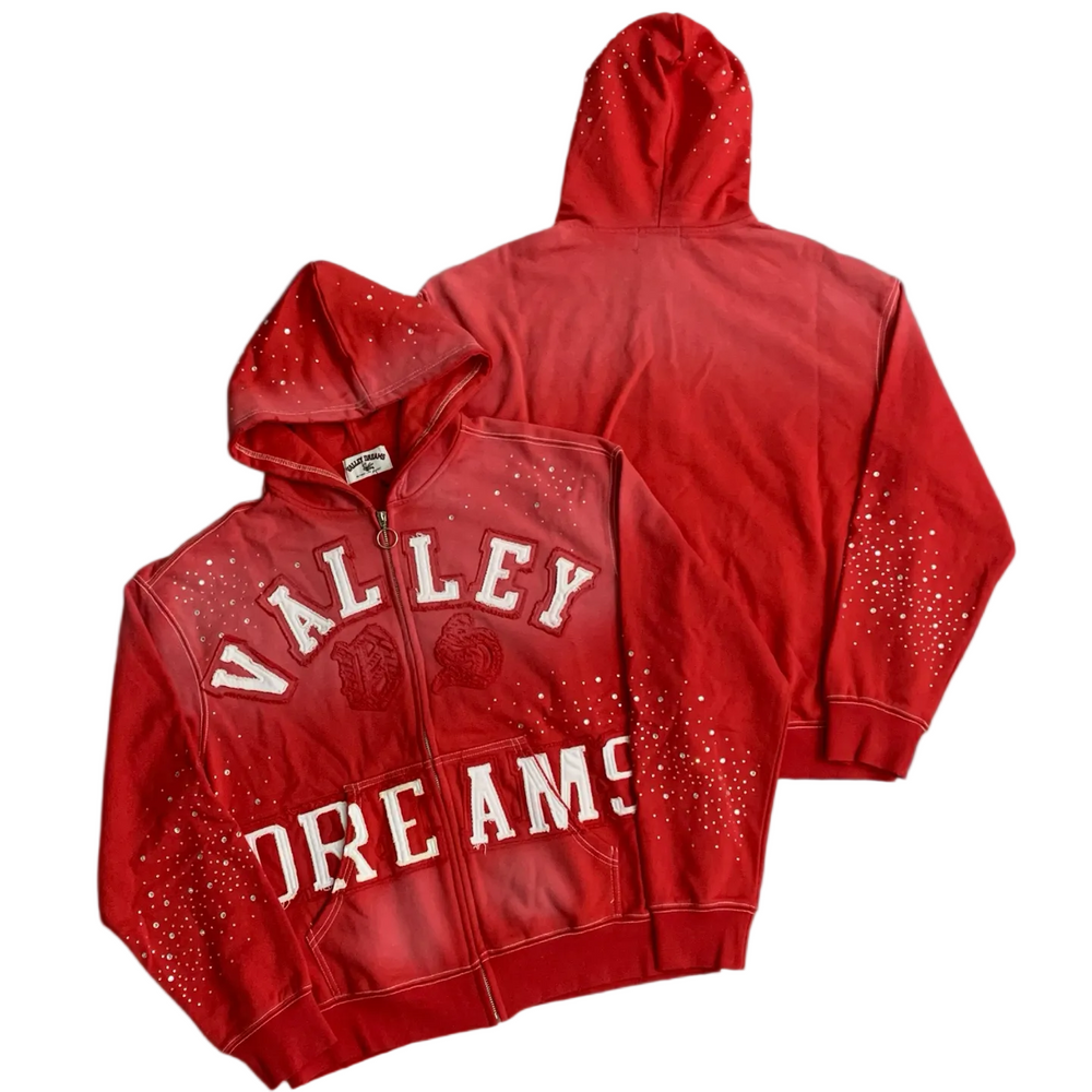 Valley Dreams Rhinestone‑Splatter Zip‑Up Hoodie, Unisex Red Vintage Streetwear Jacket