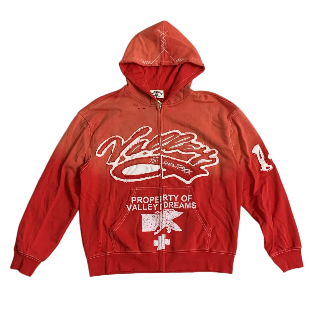 Valley Dreams Property‑Of Gradient‑Red Zip‑Up Hoodie, Unisex Vintage Streetwear Jacket