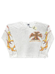 Vintage Flame Cross Print Waffle‑Knit Long‑Sleeve Top, Unisex Off‑White Y2K Streetwear Shirt