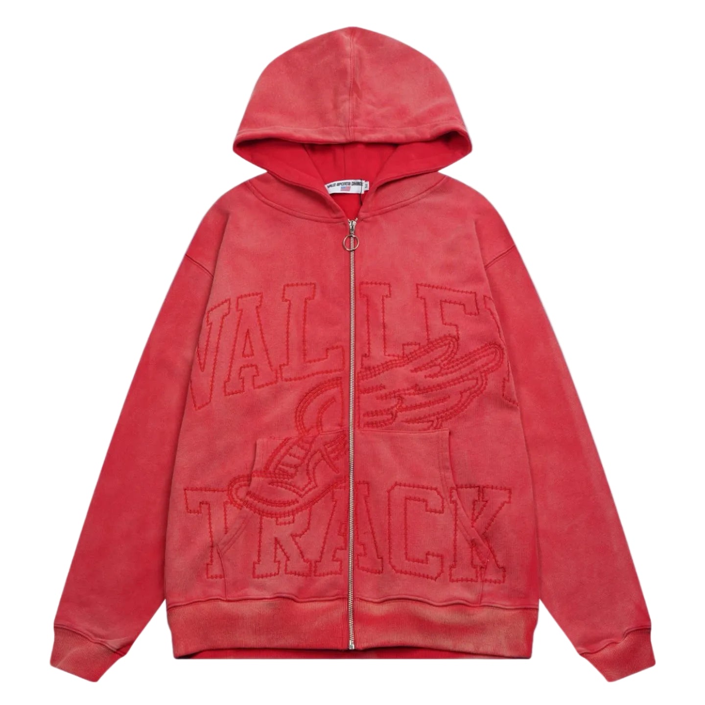 Valley Track Embossed Zip‑Up Hoodie, Unisex Red Vintage Streetwear Jacket