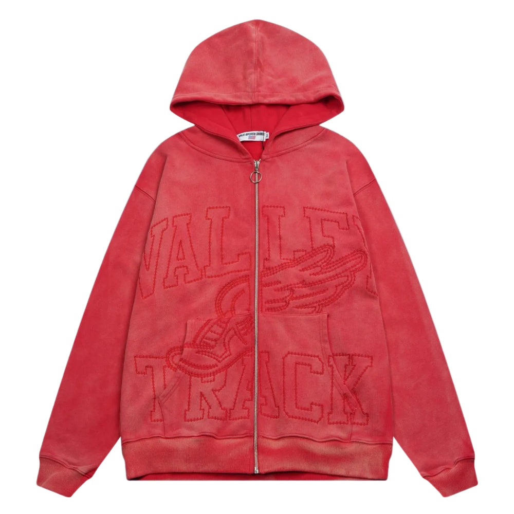 Valley Track Embossed Zip‑Up Hoodie, Unisex Red Vintage Streetwear Jacket