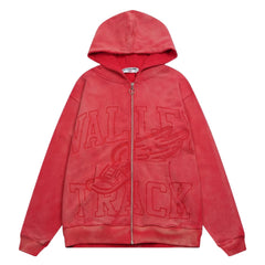 Valley Track Embossed Zip‑Up Hoodie, Unisex Red Vintage Streetwear Jacket