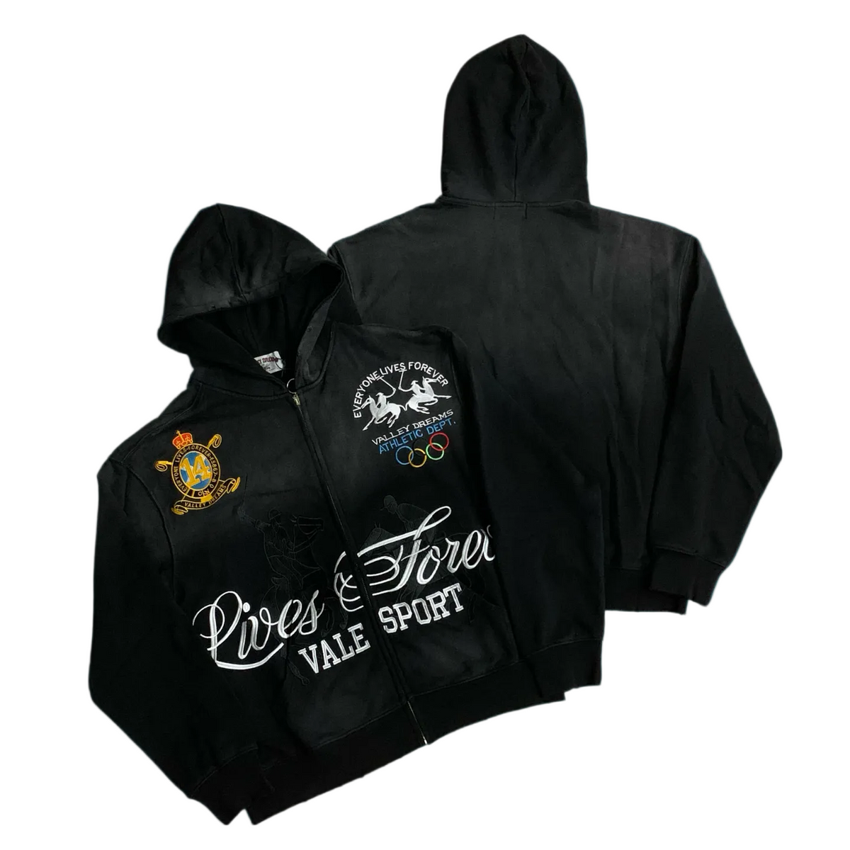 Valé Sport Olympic‑Crest Graphic Zip‑Up Hoodie, Unisex Black Vintage Streetwear Jacket